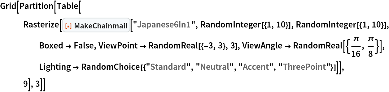 Grid[Partition[Table[
   Rasterize[
    ResourceFunction[
     "MakeChainmail", ResourceSystemBase -> "https://www.wolframcloud.com/obj/resourcesystem/api/1.0"]["Japanese6In1", RandomInteger[{1, 10}], RandomInteger[{1, 10}], Boxed -> False, ViewPoint -> RandomReal[{-3, 3}, 3], ViewAngle -> RandomReal[{\[Pi]/16, \[Pi]/8}], Lighting -> RandomChoice[{"Standard", "Neutral", "Accent", "ThreePoint"}]]],
   9], 3]]