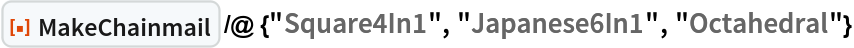 ResourceFunction[
 "MakeChainmail", ResourceSystemBase -> "https://www.wolframcloud.com/obj/resourcesystem/api/1.0"] /@ {"Square4In1", "Japanese6In1", "Octahedral"}