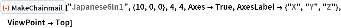 ResourceFunction[
 "MakeChainmail", ResourceSystemBase -> "https://www.wolframcloud.com/obj/resourcesystem/api/1.0"]["Japanese6In1", {10, 0, 0}, 4, 4, Axes -> True, AxesLabel -> {"X", "Y", "Z"}, ViewPoint -> Top]