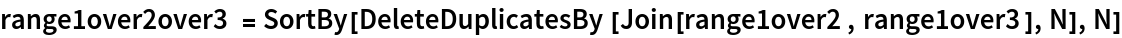 range1over2over3 = SortBy[DeleteDuplicatesBy[Join[range1over2, range1over3], N], N]