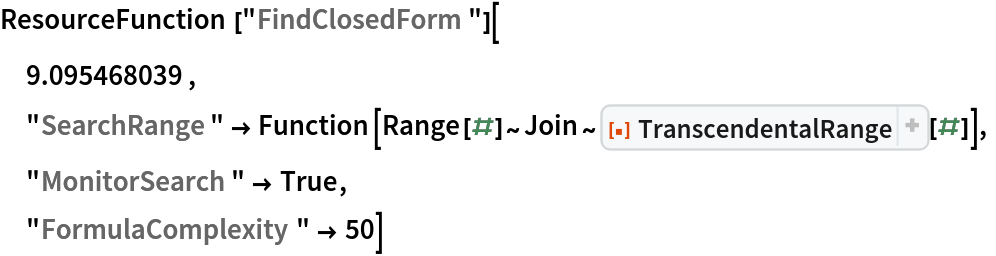 ResourceFunction["FindClosedForm"][
 9.095468039,
 "SearchRange" -> Function[Range[#]~Join~ResourceFunction["TranscendentalRange"][#]],
 "MonitorSearch" -> True,
 "FormulaComplexity" -> 50]