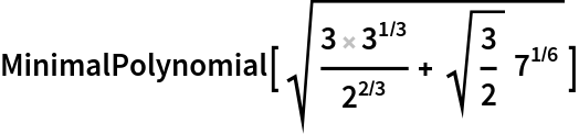 MinimalPolynomial[Sqrt[(3 3^(1/3))/2^(2/3) + Sqrt[3/2] 7^(1/6)]]