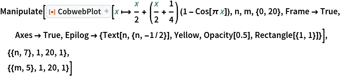 Manipulate[
 ResourceFunction["CobwebPlot"][
  x |-> x/2 + (x/2 + 1/4) (1 - Cos[\[Pi] x]), n, m, {0, 20}, Frame -> True, Axes -> True, Epilog -> {Text[n, {n, -1/2}], Yellow, Opacity[0.5], Rectangle[{1, 1}]}], {{n, 7}, 1, 20, 1},
 {{m, 5}, 1, 20, 1}]