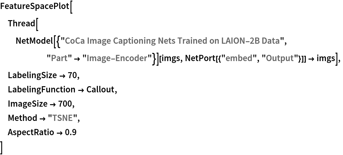 FeatureSpacePlot[
 Thread[NetModel[{"CoCa Image Captioning Nets Trained on LAION-2B Data", "Part" -> "Image-Encoder"}][imgs, NetPort[{"embed", "Output"}]] -> imgs],
 LabelingSize -> 70,
 LabelingFunction -> Callout,
 ImageSize -> 700,
 Method -> "TSNE",
 AspectRatio -> 0.9
 ]