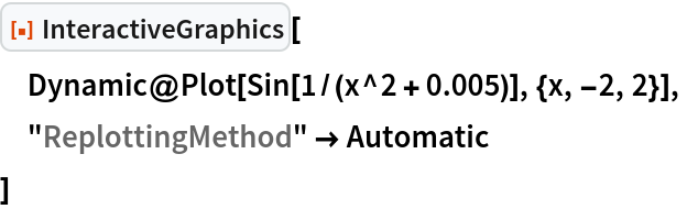 ResourceFunction["InteractiveGraphics"][
 Dynamic@Plot[Sin[1/(x^2 + 0.005)], {x, -2, 2}],
 "ReplottingMethod" -> Automatic
 ]