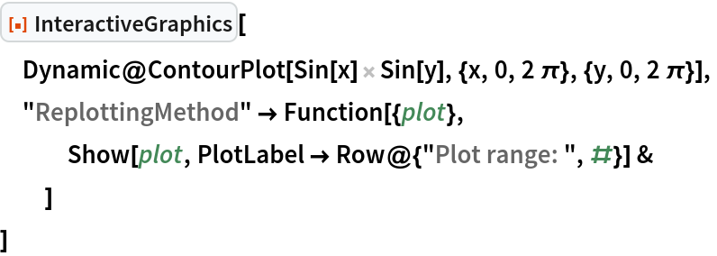 ResourceFunction["InteractiveGraphics"][
 Dynamic@ContourPlot[
   Sin[x] Sin[y], {x, 0, 2 \[Pi]}, {y, 0, 2 \[Pi]}],
 "ReplottingMethod" -> Function[{plot},
   Show[plot, PlotLabel -> Row@{"Plot range: ", #}] &
   ]
 ]