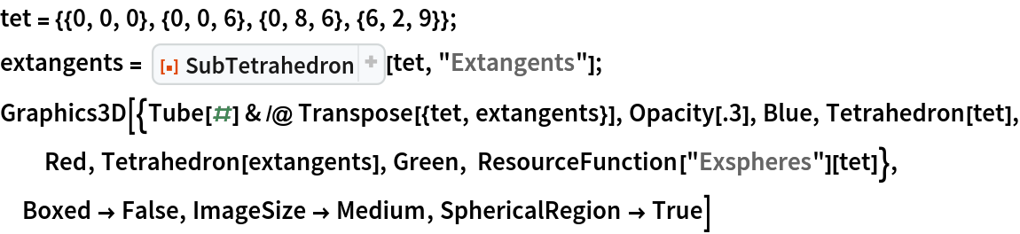 tet = {{0, 0, 0}, {0, 0, 6}, {0, 8, 6}, {6, 2, 9}};
extangents = ResourceFunction["SubTetrahedron"][tet, "Extangents"]; Graphics3D[{Tube[#] & /@ Transpose[{tet, extangents}], Opacity[.3], Blue, Tetrahedron[tet], Red, Tetrahedron[extangents], Green, ResourceFunction["Exspheres"][tet]}, Boxed -> False, ImageSize -> Medium, SphericalRegion -> True]