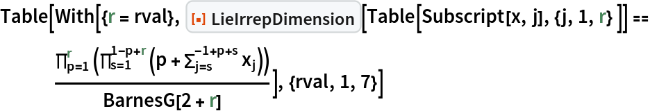Table[With[{r = rval}, ResourceFunction["LieIrrepDimension"][
    Table[Subscript[x, j], {j, 1, r} ]] == \!\(
\*UnderoverscriptBox[\(\[Product]\), \(p = 1\), \(r\)]\((
\*UnderoverscriptBox[\(\[Product]\), \(s = 1\), \(1 - p + r\)]\((p + 
\*UnderoverscriptBox[\(\[Sum]\), \(j = s\), \(\(-1\) + p + s\)]
\*SubscriptBox[\(x\), \(j\)])\))\)\)/BarnesG[2 + r]], {rval, 1, 7}]