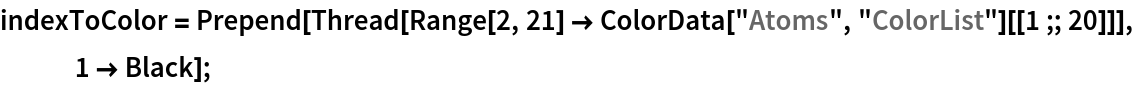 indexToColor = Prepend[Thread[
    Range[2, 21] -> ColorData["Atoms", "ColorList"][[1 ;; 20]]], 1 -> Black];