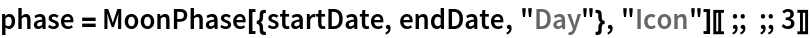 phase = MoonPhase[{startDate, endDate, "Day"}, "Icon"][[;; ;; 3]]