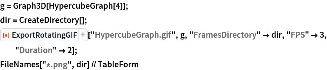 g = Graph3D[HypercubeGraph[4]];
dir = CreateDirectory[];
ResourceFunction["ExportRotatingGIF"]["HypercubeGraph.gif", g, "FramesDirectory" -> dir, "FPS" -> 3, "Duration" -> 2];
FileNames["*.png", dir] // TableForm