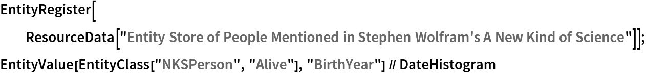 EntityRegister[ResourceData[\!\(\*
TagBox["\"\<Entity Store of People Mentioned in Stephen Wolfram's A New Kind of Science\>\"",
#& ,
BoxID -> "ResourceTag-Entity Store of People Mentioned in Stephen Wolfram's A New Kind of Science-Input",
AutoDelete->True]\)]];
EntityValue[EntityClass["NKSPerson", "Alive"], "BirthYear"] // DateHistogram