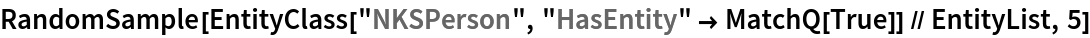 RandomSample[
 EntityClass["NKSPerson", "HasEntity" -> MatchQ[True]] // EntityList,
  5]