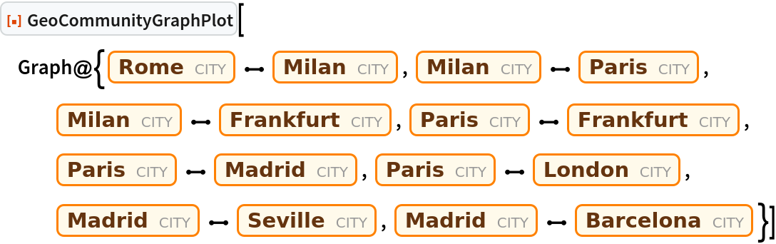 ResourceFunction["GeoCommunityGraphPlot"][
 Graph@{Entity["City", {"Rome", "Lazio", "Italy"}] \[UndirectedEdge] Entity["City", {"Milan", "Lombardy", "Italy"}], Entity["City", {"Milan", "Lombardy", "Italy"}] \[UndirectedEdge] Entity["City", {"Paris", "IleDeFrance", "France"}], Entity["City", {"Milan", "Lombardy", "Italy"}] \[UndirectedEdge] Entity["City", {"Frankfurt", "Hesse", "Germany"}], Entity["City", {"Paris", "IleDeFrance", "France"}] \[UndirectedEdge] Entity["City", {"Frankfurt", "Hesse", "Germany"}], Entity["City", {"Paris", "IleDeFrance", "France"}] \[UndirectedEdge] Entity["City", {"Madrid", "Madrid", "Spain"}], Entity["City", {"Paris", "IleDeFrance", "France"}] \[UndirectedEdge] Entity["City", {"London", "GreaterLondon", "UnitedKingdom"}], Entity["City", {"Madrid", "Madrid", "Spain"}] \[UndirectedEdge] Entity["City", {"Seville", "Seville", "Spain"}], Entity["City", {"Madrid", "Madrid", "Spain"}] \[UndirectedEdge] Entity["City", {"Barcelona", "Barcelona", "Spain"}]}]