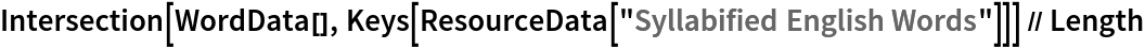 Intersection[WordData[], Keys[ResourceData[\!\(\*
TagBox["\"\<Syllabified English Words\>\"",
#& ,
BoxID -> "ResourceTag-Syllabified English Words-Input",
AutoDelete->True]\)]]] // Length