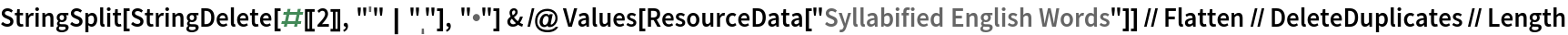 StringSplit[StringDelete[#[[2]], "ˈ" | "ˌ"], "\[Bullet]"] & /@ Values[ResourceData[\!\(\*
TagBox["\"\<Syllabified English Words\>\"",
#& ,
BoxID -> "ResourceTag-Syllabified English Words-Input",
AutoDelete->True]\)]] // Flatten // DeleteDuplicates // Length