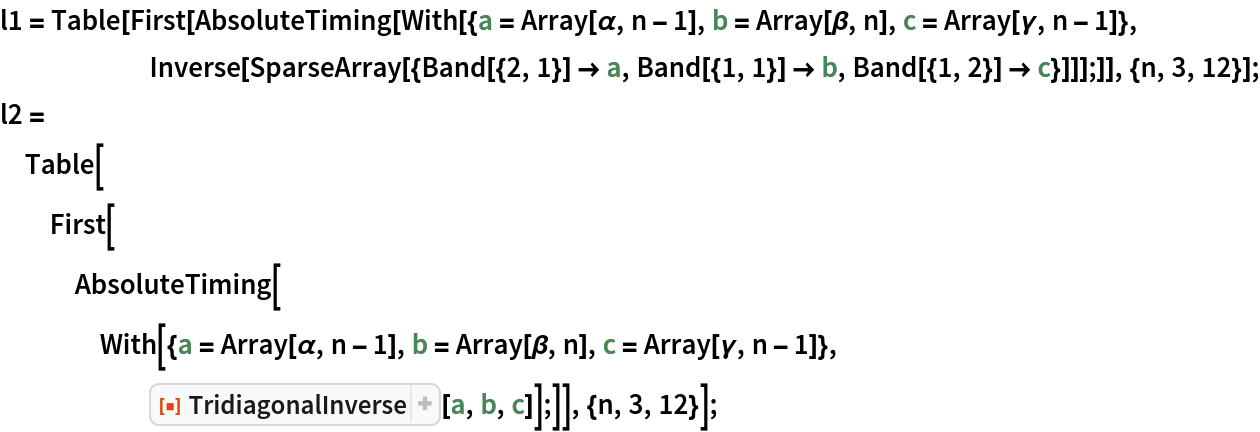 l1 = Table[
  First[AbsoluteTiming[
    With[{a = Array[\[Alpha], n - 1], b = Array[\[Beta], n], c = Array[\[Gamma], n - 1]},
      Inverse[
       SparseArray[{Band[{2, 1}] -> a, Band[{1, 1}] -> b, Band[{1, 2}] -> c}]]];]], {n, 3, 12}]; l2 = Table[First[
   AbsoluteTiming[
    With[{a = Array[\[Alpha], n - 1], b = Array[\[Beta], n], c = Array[\[Gamma], n - 1]}, ResourceFunction["TridiagonalInverse"][a, b, c]];]], {n, 3, 12}];