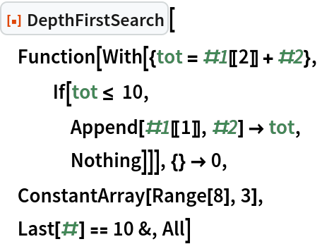 ResourceFunction["DepthFirstSearch"][
 Function[With[{tot = #1[[2]] + #2},
   If[tot <= 10,
    Append[#1[[1]], #2] -> tot,
    Nothing]]], {} -> 0,
 ConstantArray[Range[8], 3],
 Last[#] == 10 &, All]