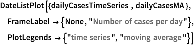 DateListPlot[{dailyCasesTimeSeries, dailyCasesMA}, FrameLabel -> {None, "Number of cases per day"}, PlotLegends -> {"time series", "moving average"}]