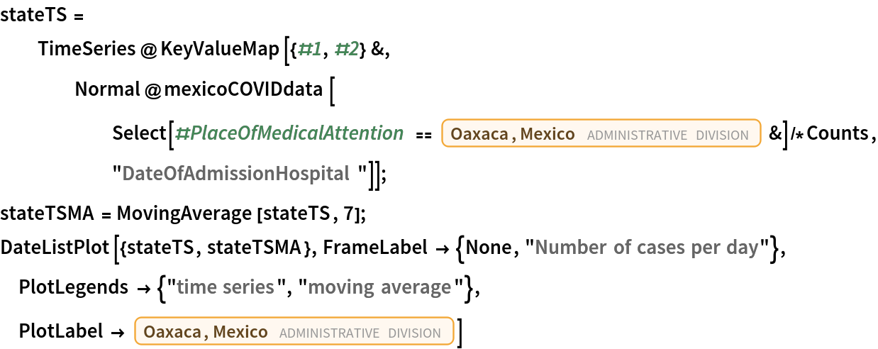 stateTS = TimeSeries@
   KeyValueMap[{#1, #2} &, Normal@mexicoCOVIDdata[
      Select[#PlaceOfMedicalAttention == Entity["AdministrativeDivision", {"Oaxaca", "Mexico"}] &]/*
       Counts, "DateOfAdmissionHospital"]];
stateTSMA = MovingAverage[stateTS, 7];
DateListPlot[{stateTS, stateTSMA}, FrameLabel -> {None, "Number of cases per day"}, PlotLegends -> {"time series", "moving average"}, PlotLabel -> Entity["AdministrativeDivision", {"Oaxaca", "Mexico"}]]