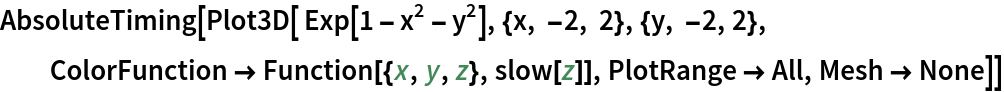 AbsoluteTiming[
 Plot3D[ Exp[1 - x^2 - y^2], {x, -2, 2}, {y, -2, 2}, ColorFunction -> Function[{x, y, z}, slow[z]], PlotRange -> All, Mesh -> None]]