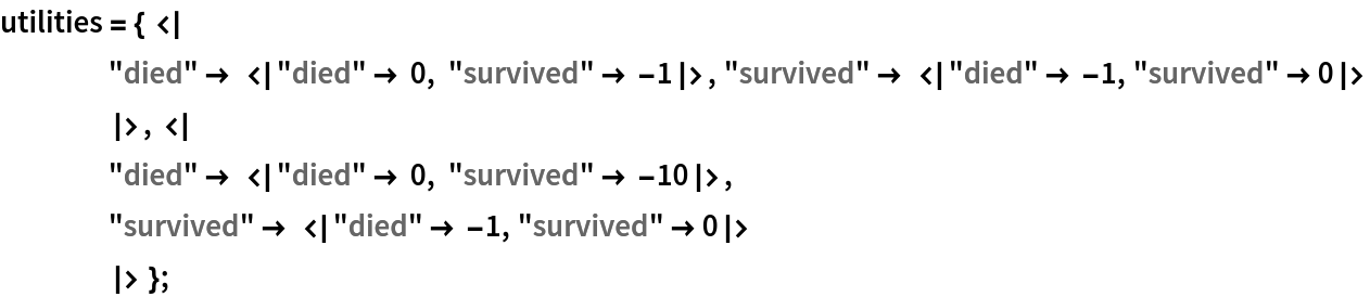 utilities = { <|
    "died" -> <|"died" -> 0, "survived" -> -1|>, "survived" -> <|"died" -> -1, "survived" -> 0|>
    |>, <| "died" -> <|"died" -> 0, "survived" -> -10|>, "survived" -> <|"died" -> -1, "survived" -> 0|>
    |> };