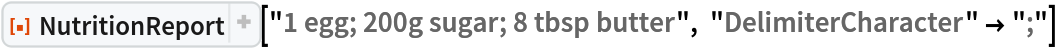ResourceFunction[
 "NutritionReport", ResourceSystemBase -> "https://www.wolframcloud.com/obj/resourcesystem/api/1.0"]["1 egg; 200g sugar; 8 tbsp butter", "DelimiterCharacter" -> ";"]