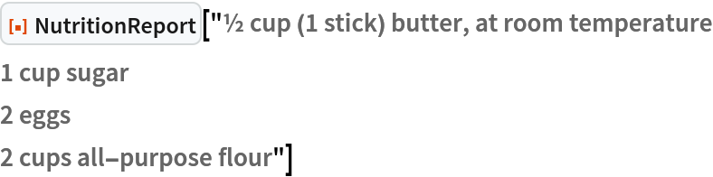 ResourceFunction[
 "NutritionReport"]["½ cup (1 stick) butter, at room temperature
1 cup sugar
2 eggs
2 cups all-purpose flour"]
