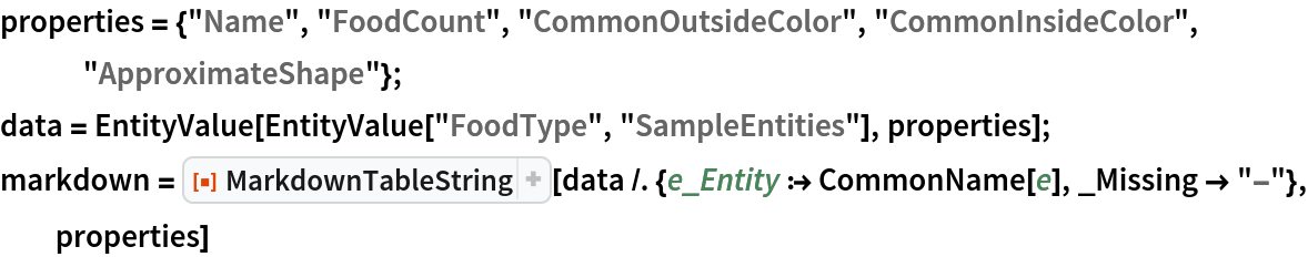 properties = {"Name", "FoodCount", "CommonOutsideColor", "CommonInsideColor", "ApproximateShape"};
data = EntityValue[EntityValue["FoodType", "SampleEntities"], properties];
markdown = ResourceFunction["MarkdownTableString"][
  data /. {e_Entity :> CommonName[e], _Missing -> "-"}, properties]