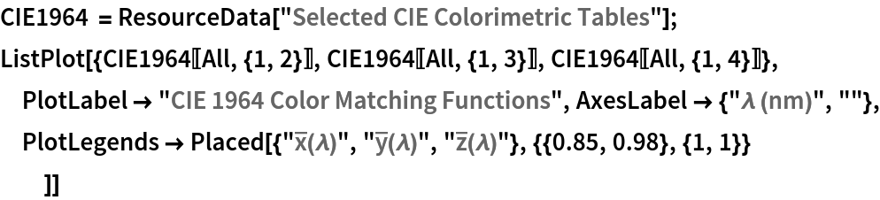 CIE1964 = ResourceData[\!\(\*
TagBox["\"\<Selected CIE Colorimetric Tables\>\"",
#& ,
BoxID -> "ResourceTag-Selected CIE Colorimetric Tables-Input",
AutoDelete->True]\)];
ListPlot[{CIE1964[[All, {1, 2}]], CIE1964[[All, {1, 3}]], CIE1964[[All, {1, 4}]]}, PlotLabel -> "CIE 1964 Color Matching Functions", AxesLabel -> {"\[Lambda] (nm)", ""}, PlotLegends -> Placed[{"\!\(\*OverscriptBox[\(x\), \(_\)]\)(\[Lambda])", "\!\(\*OverscriptBox[\(y\), \(_\)]\)(\[Lambda])", "\!\(\*OverscriptBox[\(z\), \(_\)]\)(\[Lambda])"}, {{0.85, 0.98}, {1, 1}}
   ]]