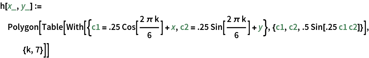 h[x_, y_] := Polygon[Table[
   With[{c1 = .25 Cos[(2 \[Pi] k)/6] + x, c2 = .25 Sin[(2 \[Pi] k)/6] + y}, {c1, c2, .5 Sin[.25 c1 c2]}], {k, 7}]]