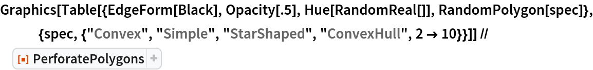 Graphics[Table[{EdgeForm[Black], Opacity[.5], Hue[RandomReal[]], RandomPolygon[spec]}, {spec, {"Convex", "Simple", "StarShaped", "ConvexHull", 2 -> 10}}]] // ResourceFunction[
 "PerforatePolygons"]