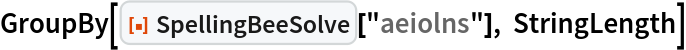 GroupBy[ResourceFunction["SpellingBeeSolve"]["aeiolns"], StringLength]