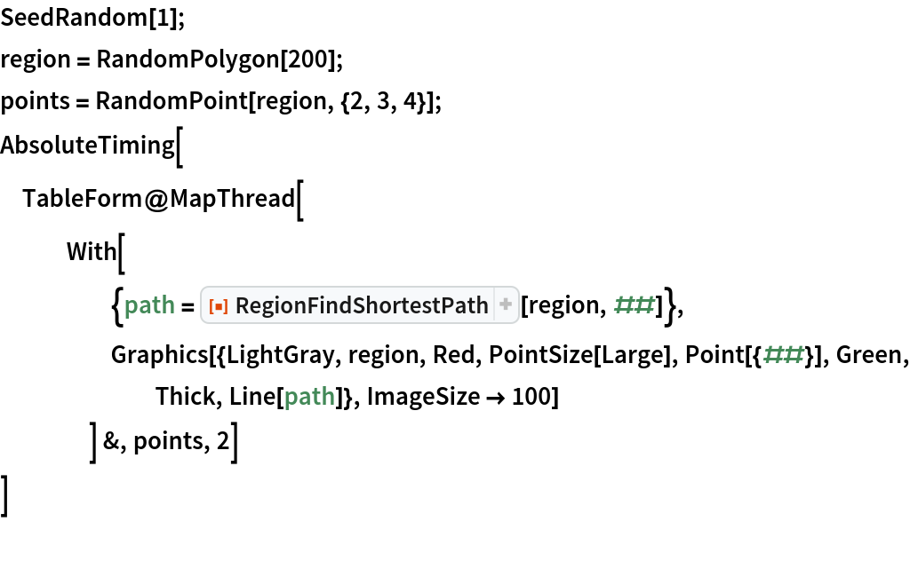 SeedRandom[1];
region = RandomPolygon[200];
points = RandomPoint[region, {2, 3, 4}];
AbsoluteTiming[
 TableForm@MapThread[
   With[
     {path = ResourceFunction["RegionFindShortestPath"][region, ##]},
     Graphics[{LightGray, region, Red, PointSize[Large], Point[{##}], Green, Thick, Line[path]}, ImageSize -> 100]
     ] &, points, 2]
 ]
