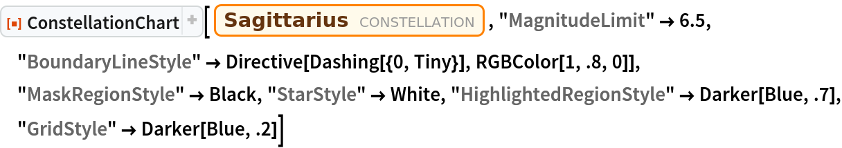 ResourceFunction["ConstellationChart"][
 Entity["Constellation", "Sagittarius"], "MagnitudeLimit" -> 6.5, "BoundaryLineStyle" -> Directive[Dashing[{0, Tiny}], RGBColor[1, .8, 0]], "MaskRegionStyle" -> Black, "StarStyle" -> White, "HighlightedRegionStyle" -> Darker[Blue, .7], "GridStyle" -> Darker[Blue, .2]]