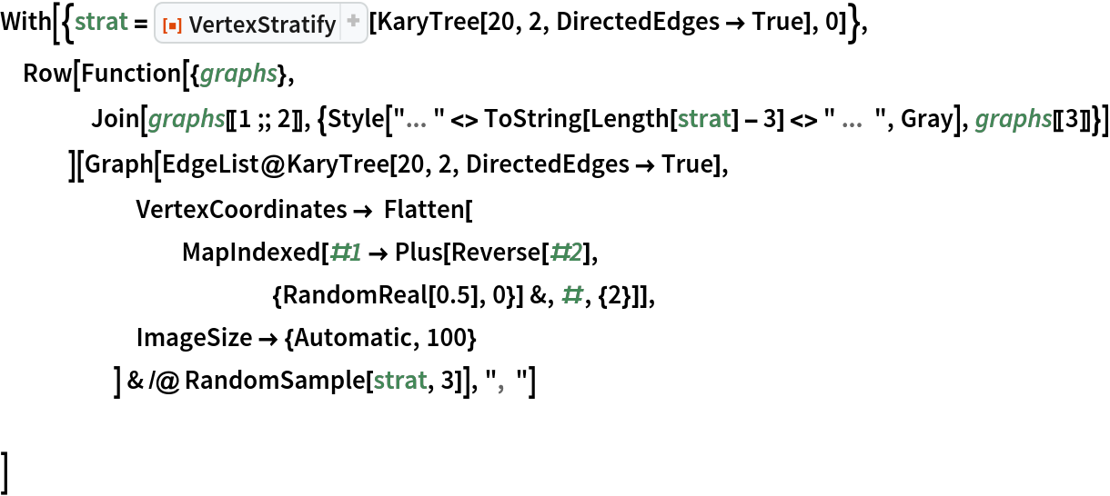 With[{strat = ResourceFunction["VertexStratify"][
    KaryTree[20, 2, DirectedEdges -> True], 0]},
 Row[Function[{graphs},
    Join[
     graphs[[1 ;; 2]], {Style[
       "... " <> ToString[Length[strat] - 3] <> " ...  ", Gray], graphs[[3]]}]
    ][Graph[EdgeList@KaryTree[20, 2, DirectedEdges -> True],
      VertexCoordinates -> Flatten[
        MapIndexed[#1 -> Plus[Reverse[#2],
            {RandomReal[0.5], 0}] &, #, {2}]],
      ImageSize -> {Automatic, 100}
      ] & /@ RandomSample[strat, 3]], ",  "] ]