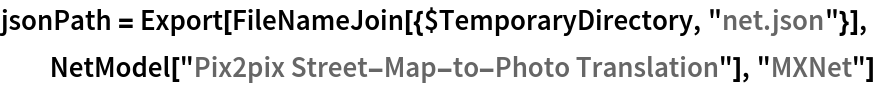 jsonPath = Export[FileNameJoin[{$TemporaryDirectory, "net.json"}], NetModel["Pix2pix Street-Map-to-Photo Translation"], "MXNet"]