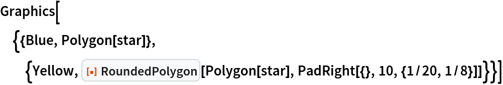 Graphics[{{Blue, Polygon[star]}, {Yellow, ResourceFunction["RoundedPolygon"][Polygon[star], PadRight[{}, 10, {1/20, 1/8}]]}}]