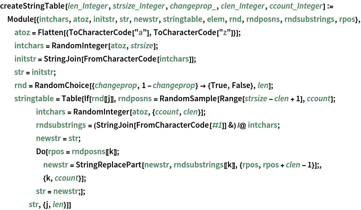 createStringTable[len_Integer, strsize_Integer, changeprop_, clen_Integer, ccount_Integer] := Module[{intchars, atoz, initstr, str, newstr, stringtable, elem, rnd,
    rndposns, rndsubstrings, rpos}, atoz = Flatten[{ToCharacterCode["a"], ToCharacterCode["z"]}]; intchars = RandomInteger[atoz, strsize]; initstr = StringJoin[FromCharacterCode[intchars]]; str = initstr; rnd = RandomChoice[{changeprop, 1 - changeprop} -> {True, False}, len]; stringtable = Table[If[rnd[[j]], rndposns = RandomSample[Range[strsize - clen + 1], ccount]; intchars = RandomInteger[atoz, {ccount, clen}]; rndsubstrings = (StringJoin[FromCharacterCode[#1]] &) /@ intchars; newstr = str; Do[rpos = rndposns[[k]]; newstr = StringReplacePart[newstr, rndsubstrings[[k]], {rpos, rpos + clen - 1}];, {k, ccount}]; str = newstr;]; str, {j, len}]]