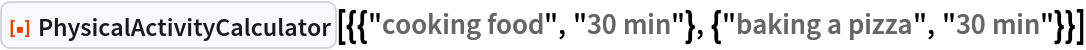ResourceFunction["PhysicalActivityCalculator", ResourceVersion->"1.0.0"][{{"cooking food", "30 min"}, {"baking a pizza", "30 min"}}]