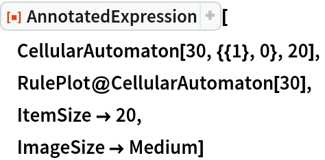 ResourceFunction["AnnotatedExpression"][
 CellularAutomaton[30, {{1}, 0}, 20],
 RulePlot@CellularAutomaton[30],
 ItemSize -> 20,
 ImageSize -> Medium]