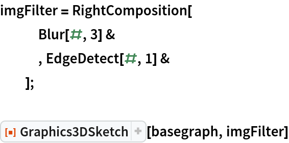 imgFilter = RightComposition[
   Blur[#, 3] &
   , EdgeDetect[#, 1] &
   ];

ResourceFunction["Graphics3DSketch"][basegraph, imgFilter]