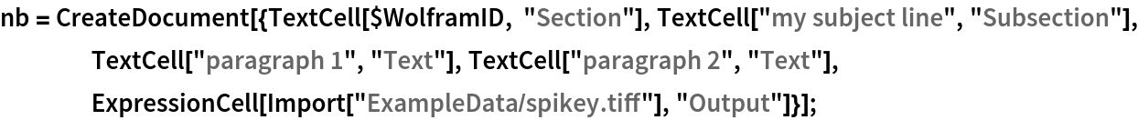 nb = CreateDocument[{TextCell[$WolframID, "Section"], TextCell["my subject line", "Subsection"], TextCell["paragraph 1", "Text"], TextCell["paragraph 2", "Text"], ExpressionCell[Import["ExampleData/spikey.tiff"], "Output"]}];