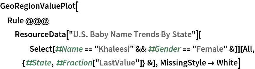 GeoRegionValuePlot[
 Rule @@@ ResourceData["U.S. Baby Name Trends By State"][
    Select[#Name == "Khaleesi" && #Gender == "Female" &]][
   All, {#State, #Fraction["LastValue"]} &], MissingStyle -> White]