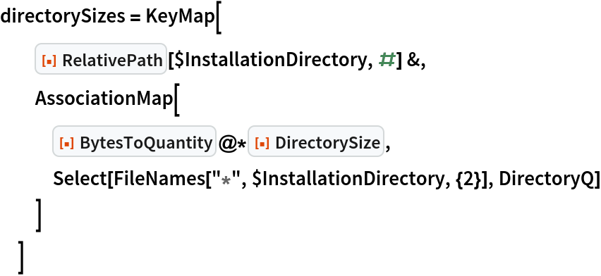 directorySizes = KeyMap[
  ResourceFunction["RelativePath"][$InstallationDirectory, #] &,
  AssociationMap[
   ResourceFunction["BytesToQuantity"]@*ResourceFunction[
    "DirectorySize"],
   Select[FileNames["*", $InstallationDirectory, {2}], DirectoryQ]
   ]
  ]