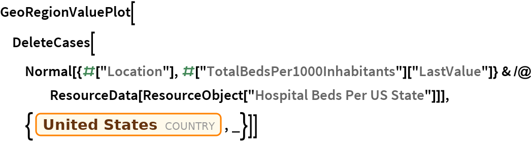 GeoRegionValuePlot[
 DeleteCases[
  Normal[{#["Location"], #["TotalBedsPer1000Inhabitants"][
       "LastValue"]} & /@ ResourceData[\!\(\*
TagBox[
RowBox[{"ResourceObject", "[", "\"\<Hospital Beds Per US State\>\"", "]"}],
#& ,
BoxID -> "ResourceTag-Hospital Beds Per US State-Input",
AutoDelete->True]\)]], {Entity["Country", "UnitedStates"], _}]]