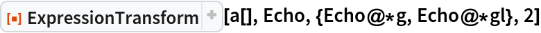 ResourceFunction["ExpressionTransform"][
 a[], Echo, {Echo@*g, Echo@*gl}, 2]