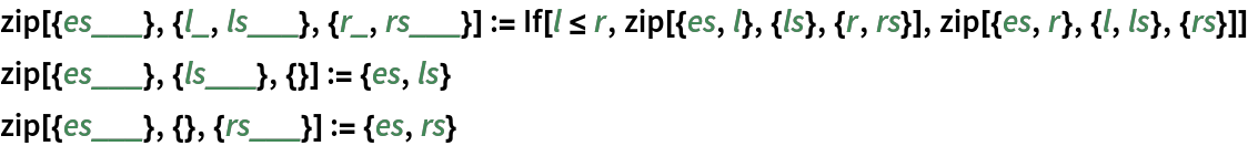 zip[{es___}, {l_, ls___}, {r_, rs___}] := If[l <= r, zip[{es, l}, {ls}, {r, rs}], zip[{es, r}, {l, ls}, {rs}]]
zip[{es___}, {ls___}, {}] := {es, ls}
zip[{es___}, {}, {rs___}] := {es, rs}