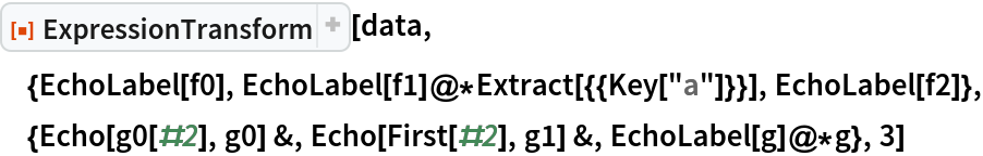 ResourceFunction["ExpressionTransform", ResourceVersion->"1.0.2"][data, {EchoLabel[f0], EchoLabel[f1]@*Extract[{{Key["a"]}}], EchoLabel[f2]}, {Echo[g0[#2], g0] &, Echo[First[#2], g1] &, EchoLabel[g]@*g}, 3]