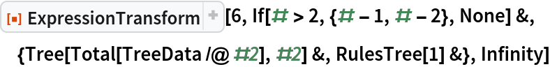 ResourceFunction["ExpressionTransform"][6, If[# > 2, {# - 1, # - 2}, None] &, {Tree[Total[TreeData /@ #2], #2] &, RulesTree[1] &}, Infinity]